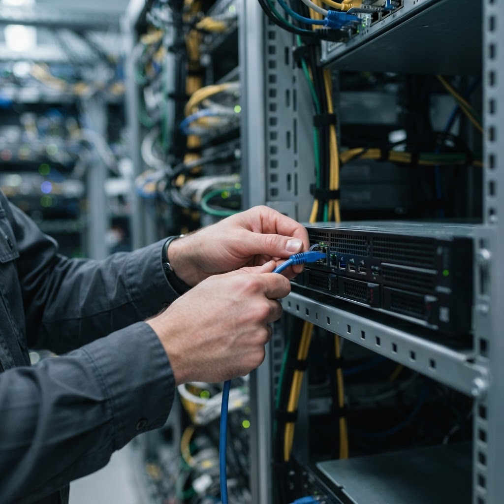 Technician connecting physical hardware in a server rack