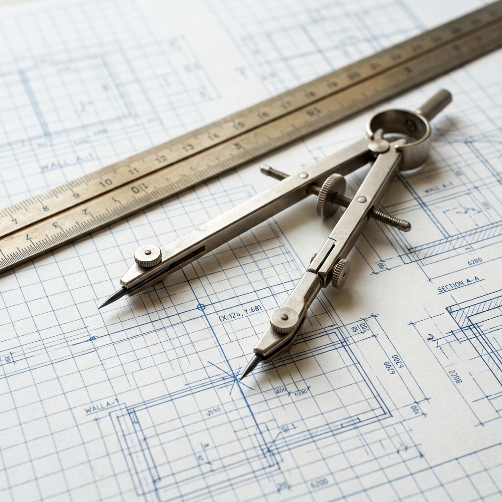 Compass and ruler on architectural blueprint grid