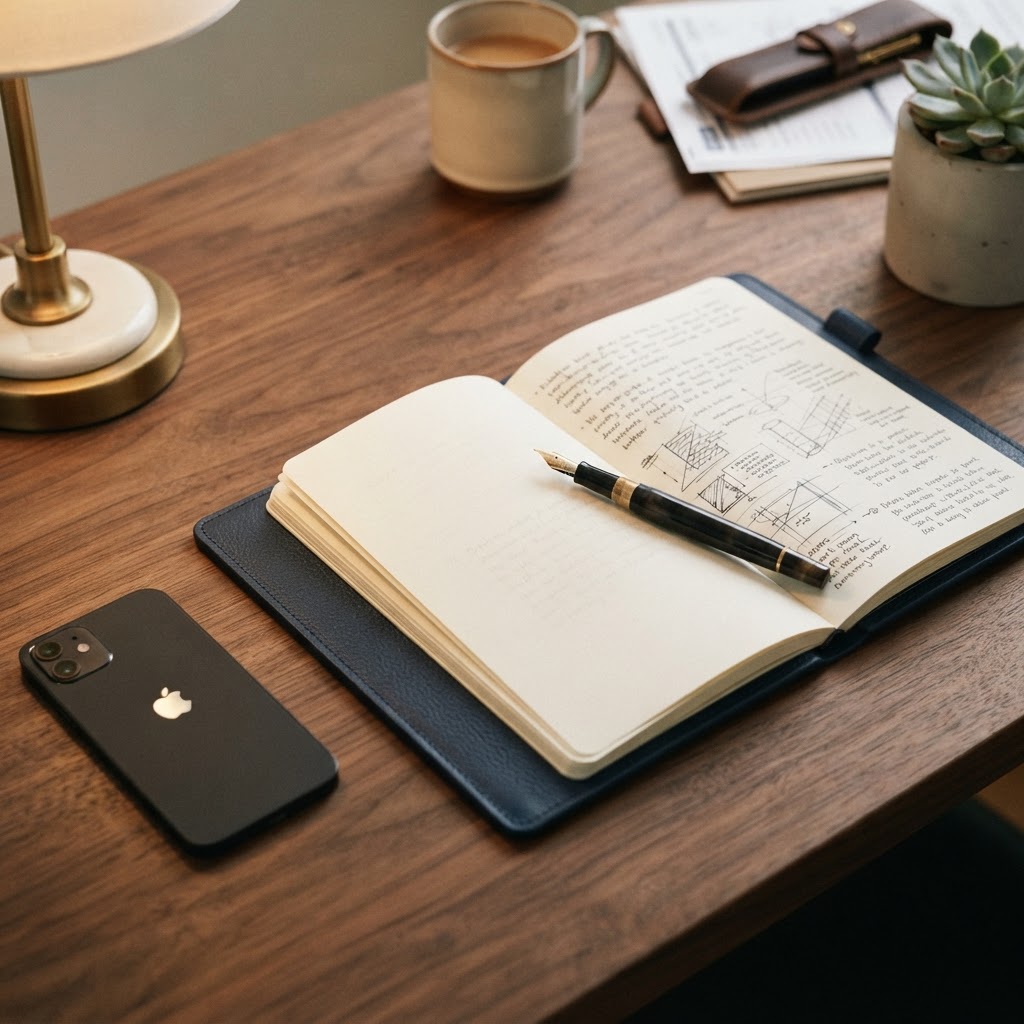 Close up of an organized professional workspace