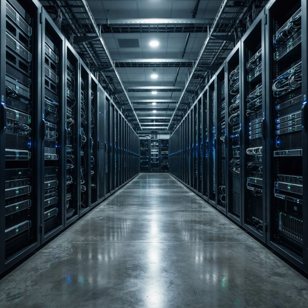 Modern server room corridor with metallic infrastructure