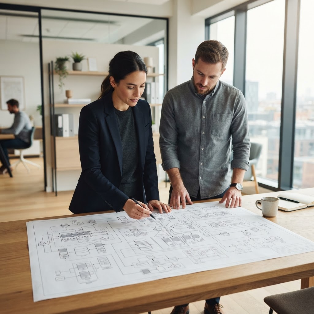 Two professionals reviewing technical architectural plans on a table