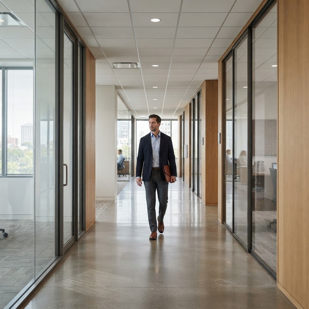 Professional walking through a modern corporate office corridor