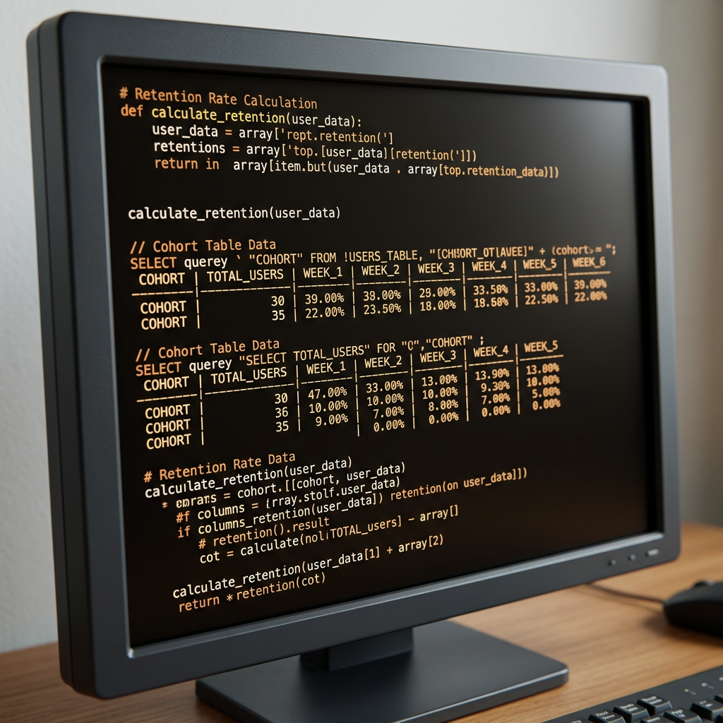 Terminal screen showing cohort churn analysis code
