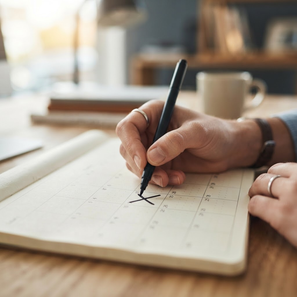 Detailed shot of marking dates on a desk calendar