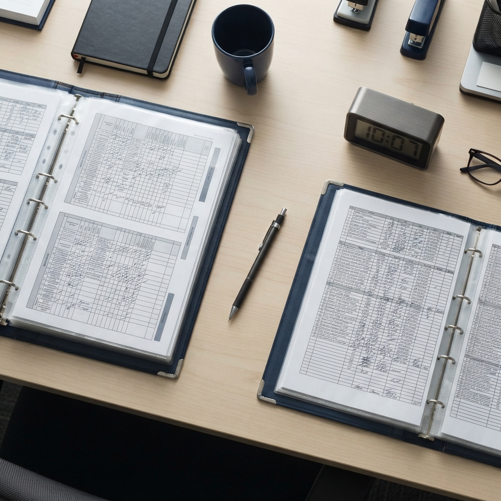 Organized workspace with reference materials for HR tracking