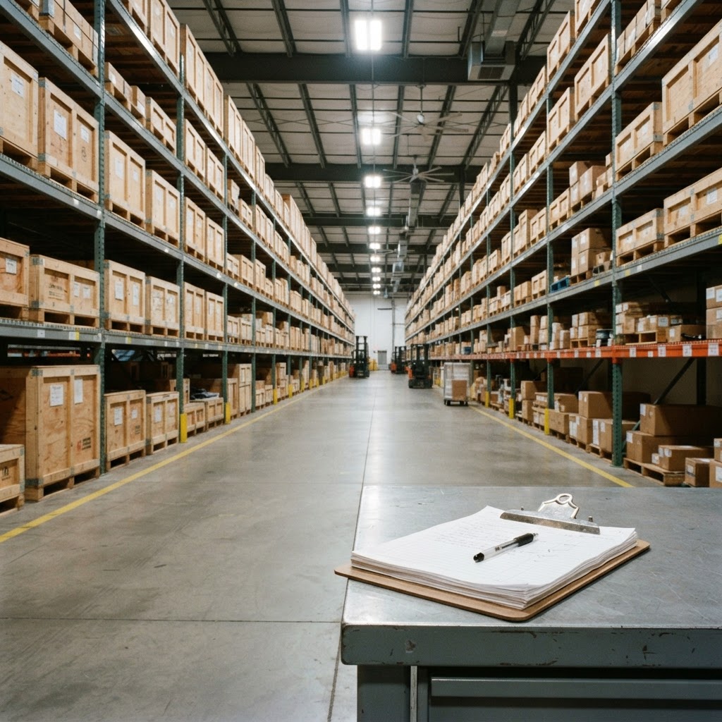 Organized warehouse aisle with industrial shelving and documentation