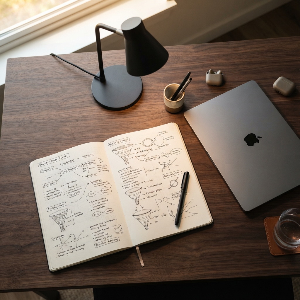 Clean desk setup with planning notes and physical tools