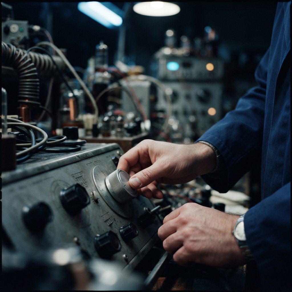 Hands calibrating a mechanical device to represent precision