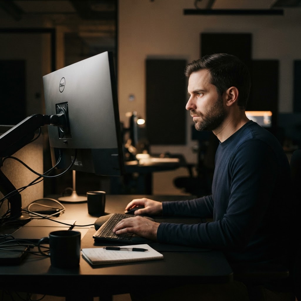 Data engineer working in a quiet professional office setting