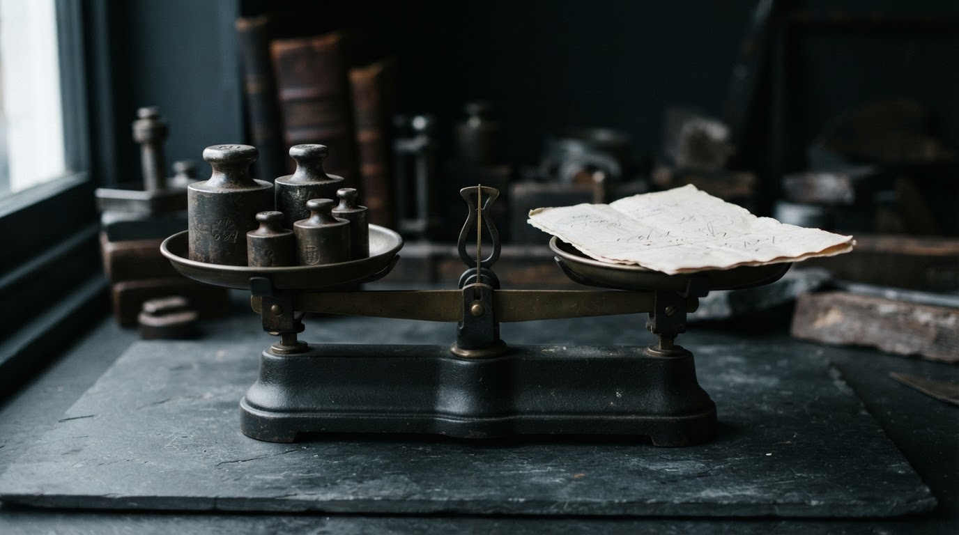 A mechanical scale balancing weights and a document representing cost analysis