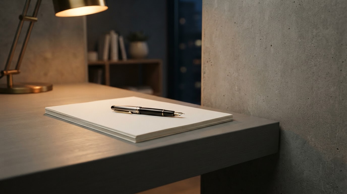 Stationery and a fountain pen on an office desk