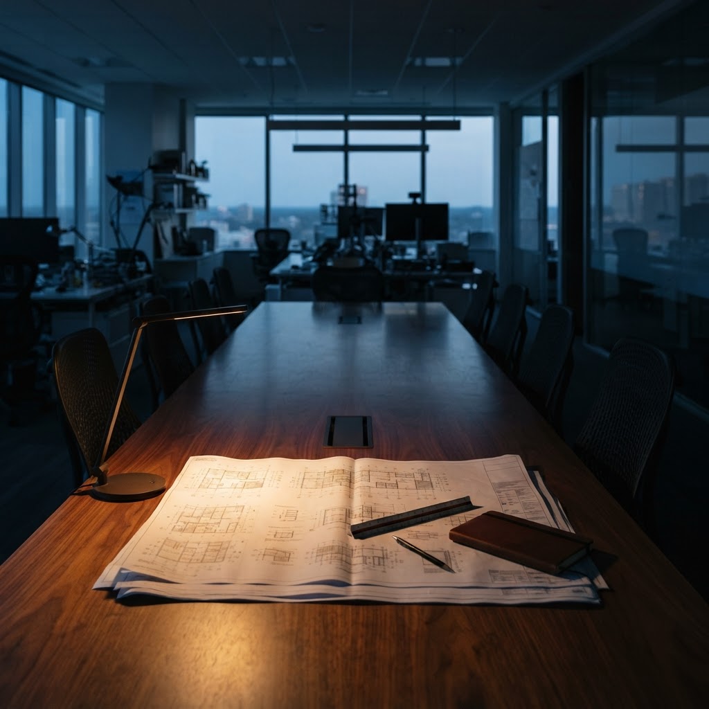 Darkened office with desk lamp and blueprints