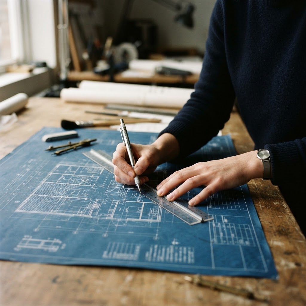 Hands marking technical blueprints on a drafting table