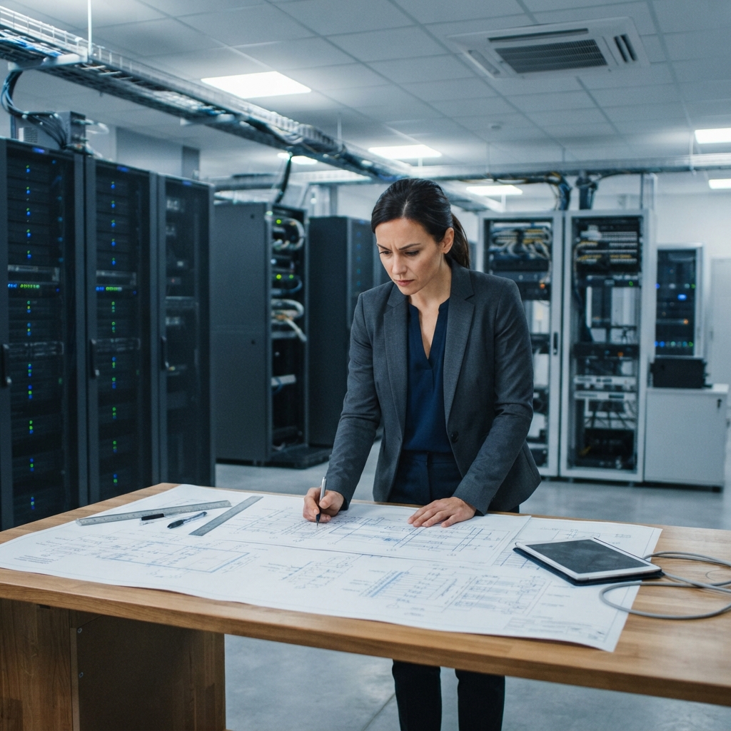 A professional reviewing technical plans in a quiet, structured environment