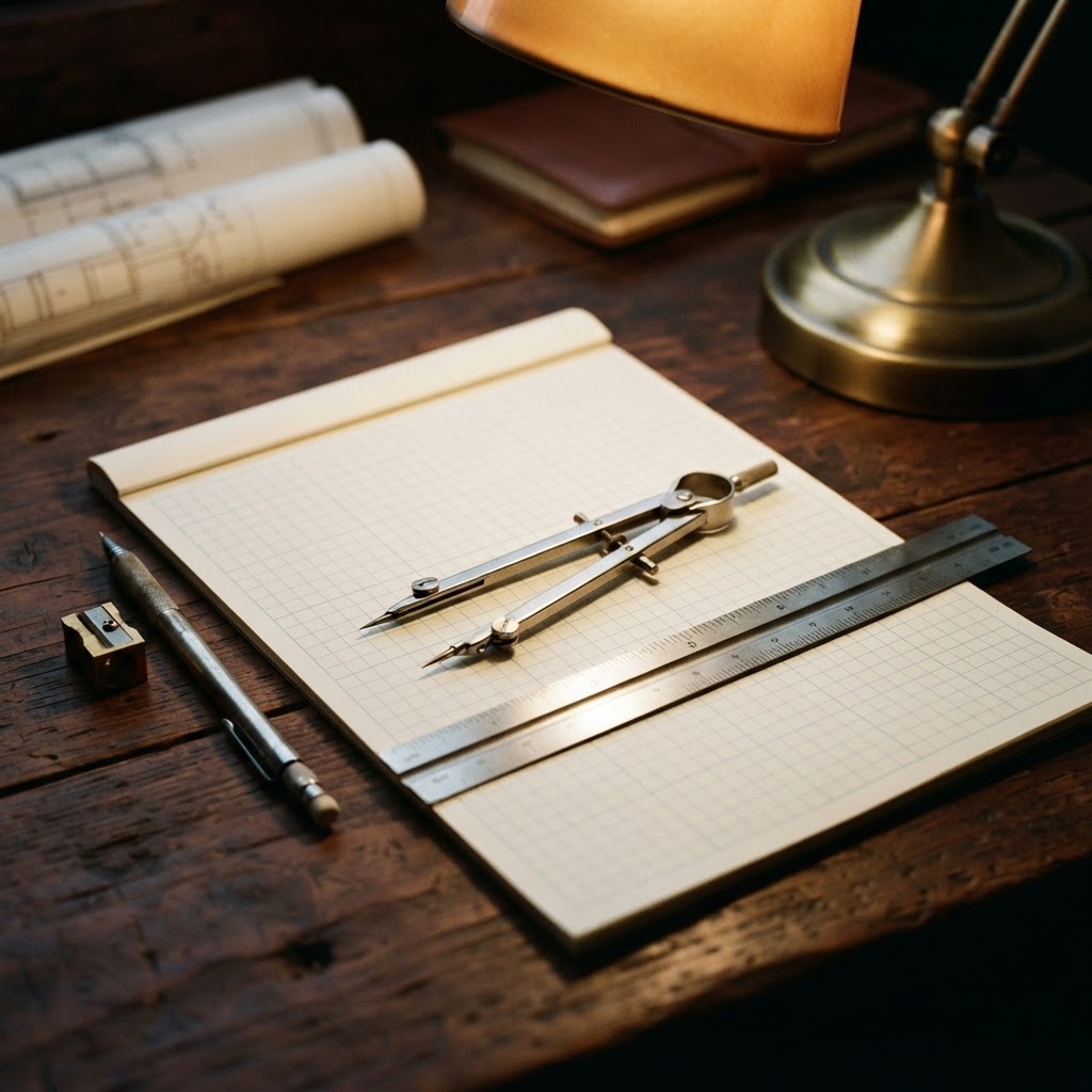 Drafting tools and grid paper on a desk