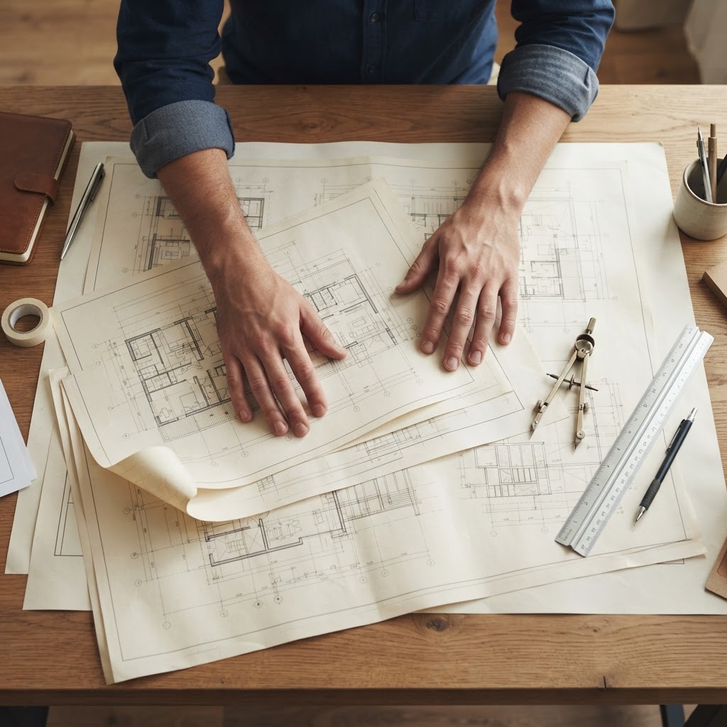Architectural blueprints and precision tools on a desk
