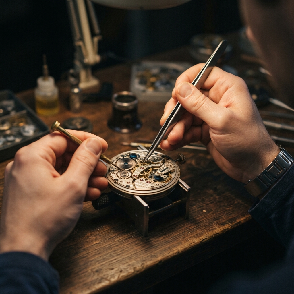 Close up of hands calibrating precision mechanical gears