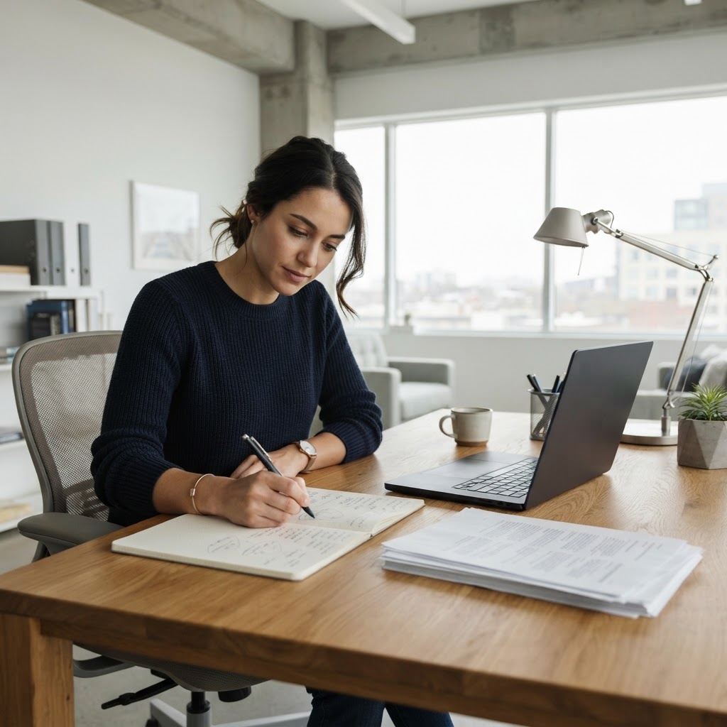 Data analyst reviewing manual notes at a desk