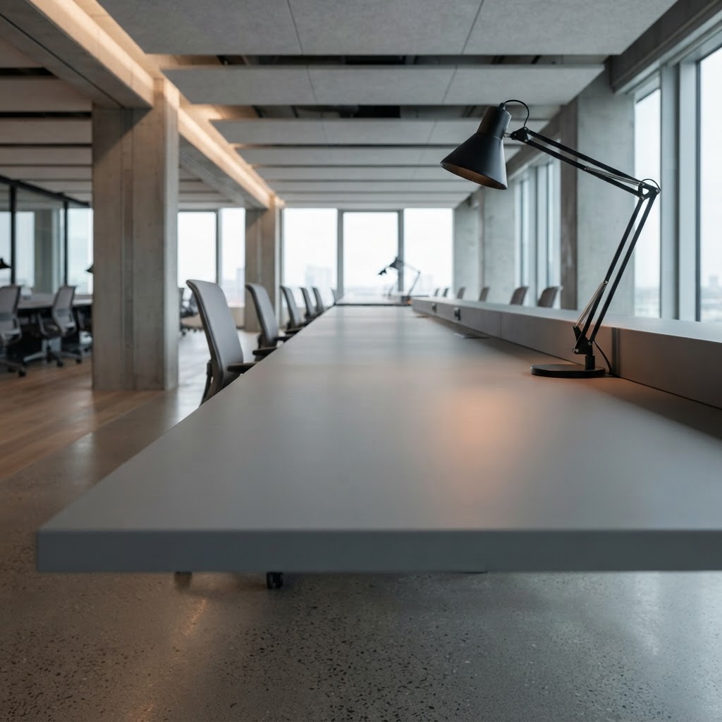 A matte-black desk lamp on a long gray workspace bench