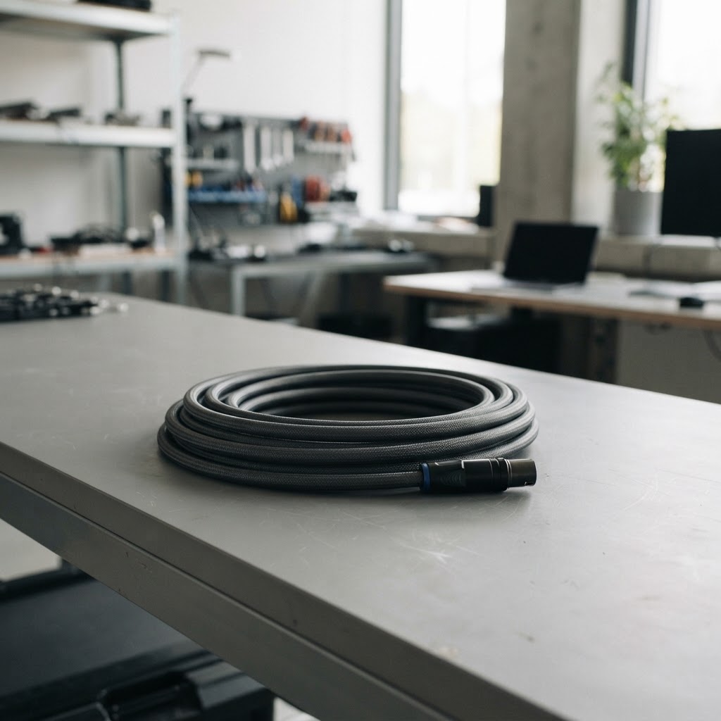 A precision-coiled dark utility cable on a workspace surface