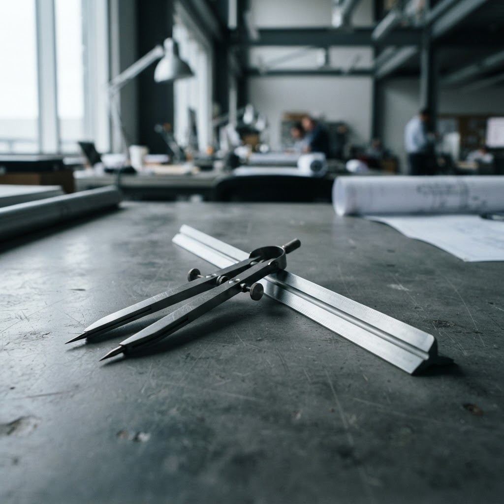 Brushed metal tools resting on a gray architectural surface