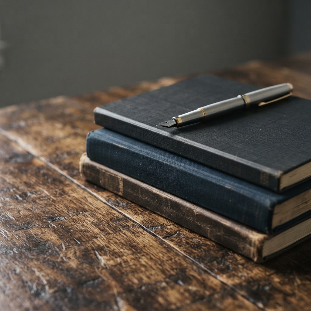 Close up of a notebook and pen on a wooden desk