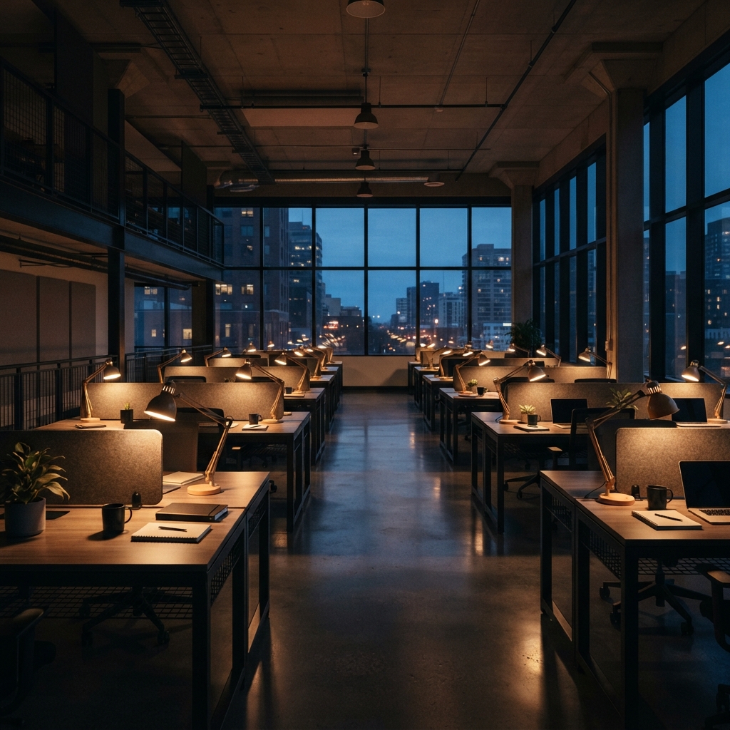 Empty modern office space at twilight with warm desk lighting