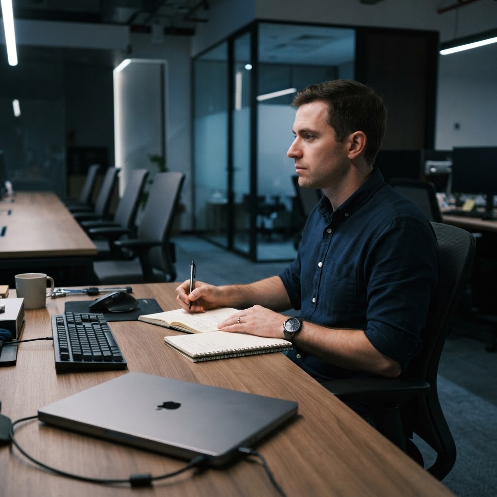 Engineer sitting in a quiet modern office with closed laptop