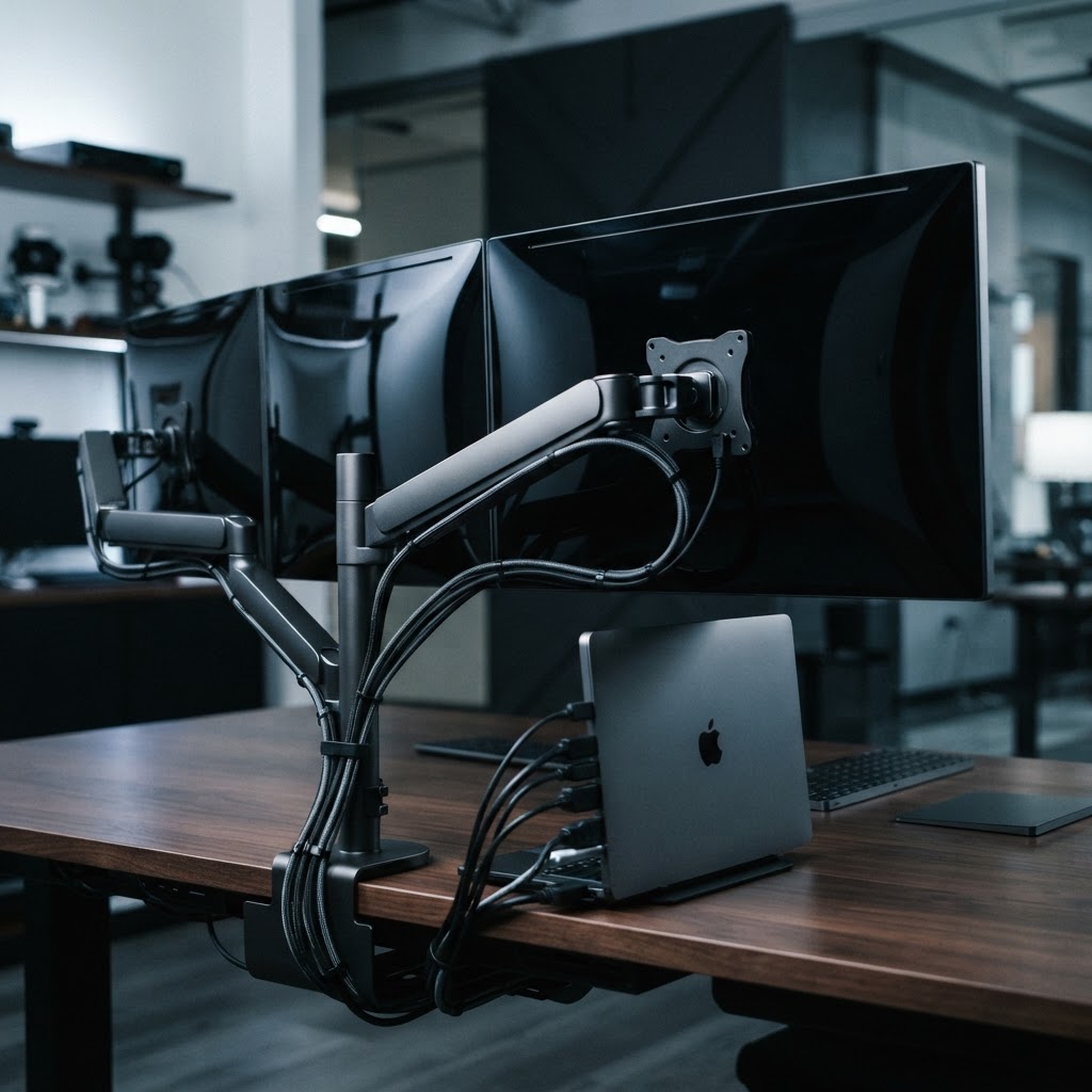 Clean professional workstation with dark monitor screens