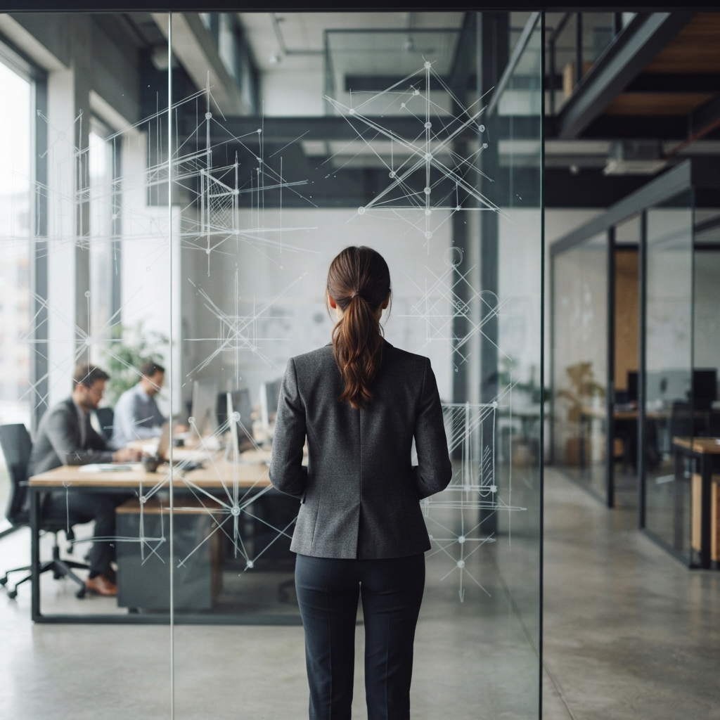 Professional analyzing structural sketches on a glass wall