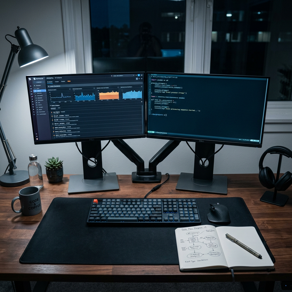 Developer monitoring dual screens with analytics and code