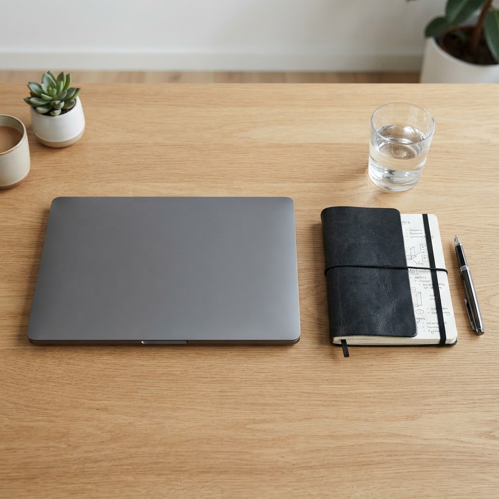 Clean workspace with a closed laptop and notebook