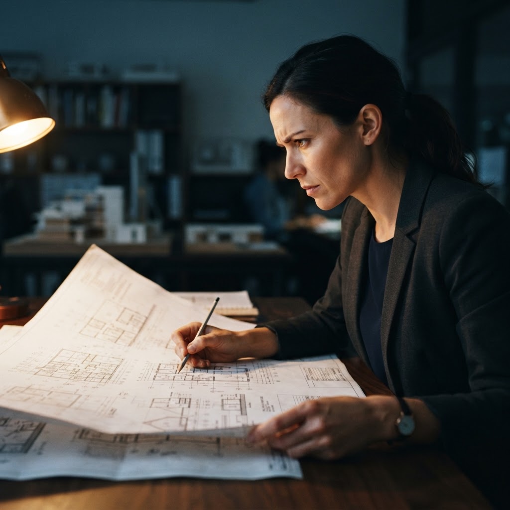 Professional analyzing technical blueprints at a desk