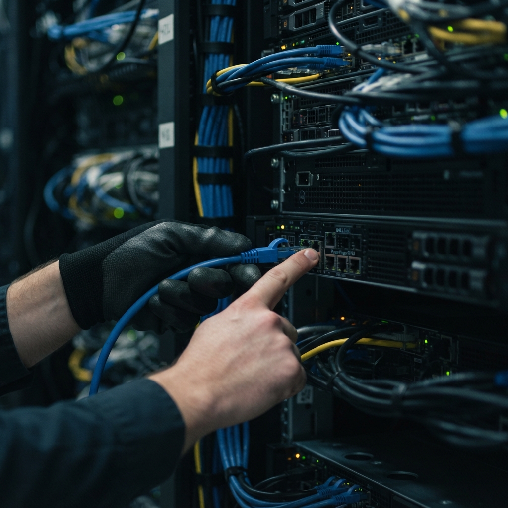 Close up of an engineer connecting a cable into a server rack