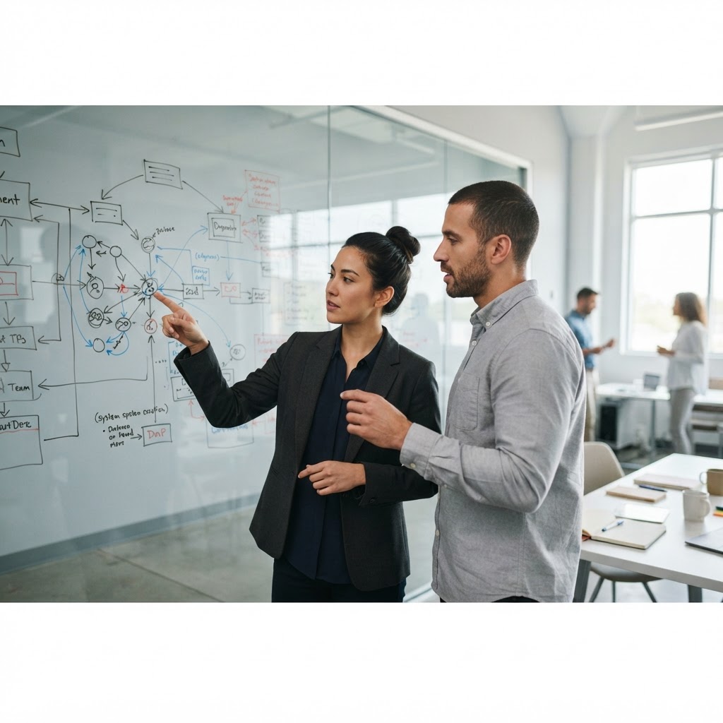 Two engineers collaborating on system architecture in a modern office