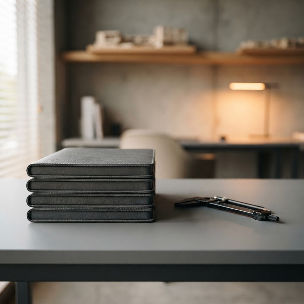 Leather notebooks and drafting tool on a clean desk