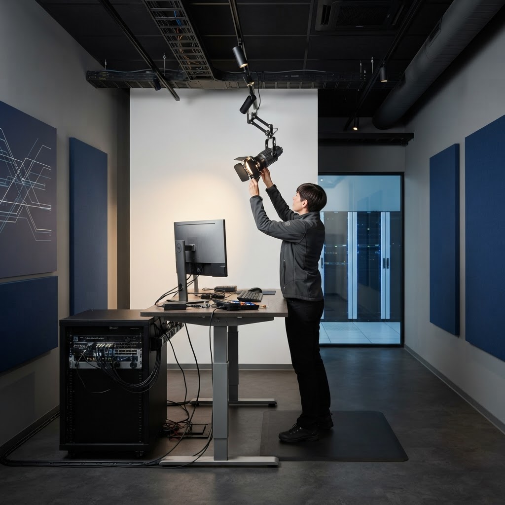Person adjusting a spotlight in a modern architectural room