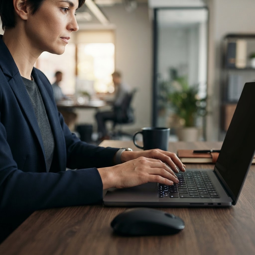 Close up of a professional typing on a laptop