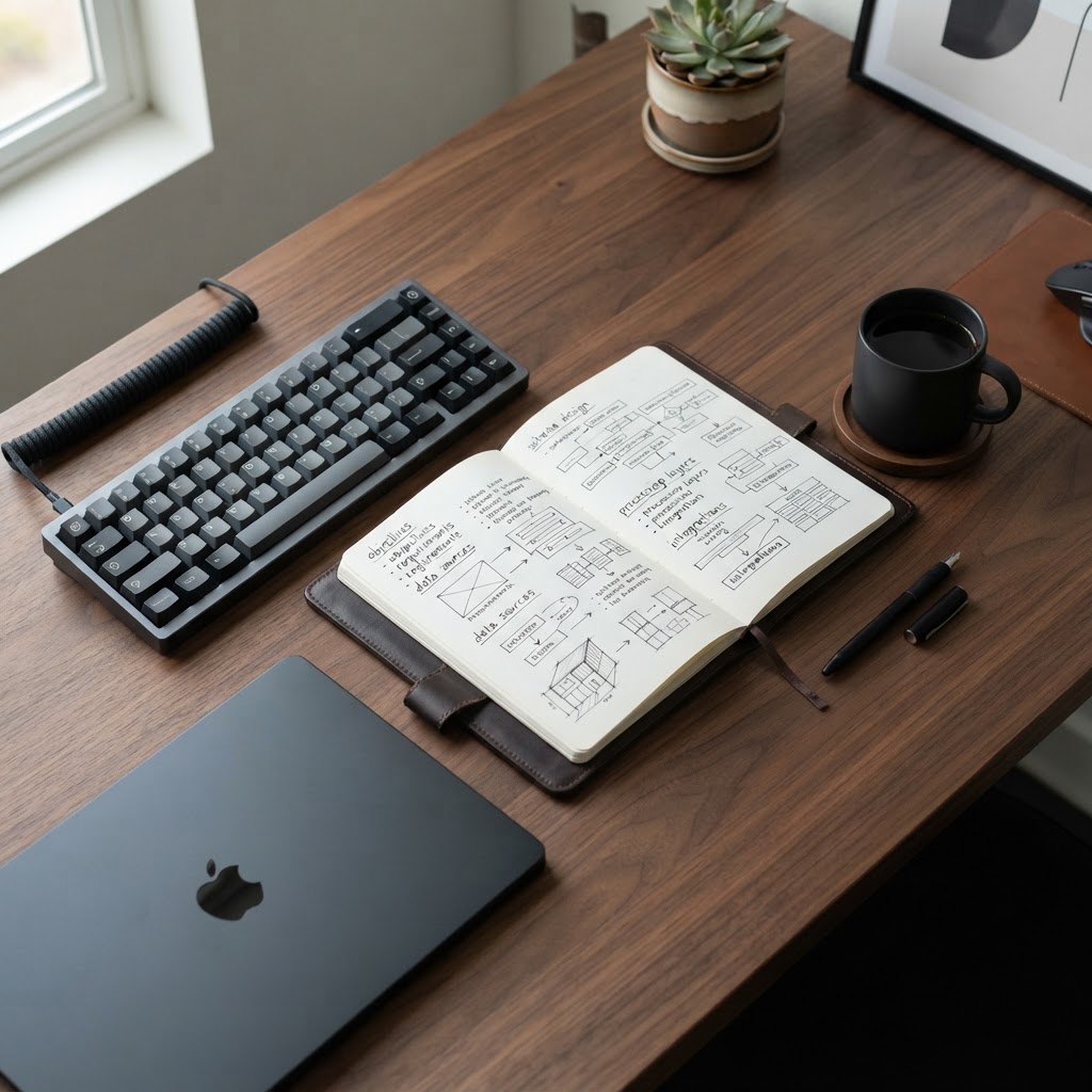 Overhead view of a professional workspace with a notebook