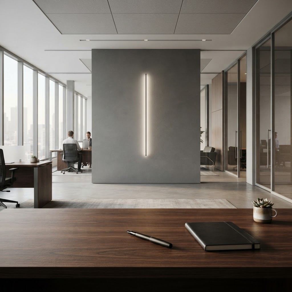 Architectural office interior with focused desk lighting