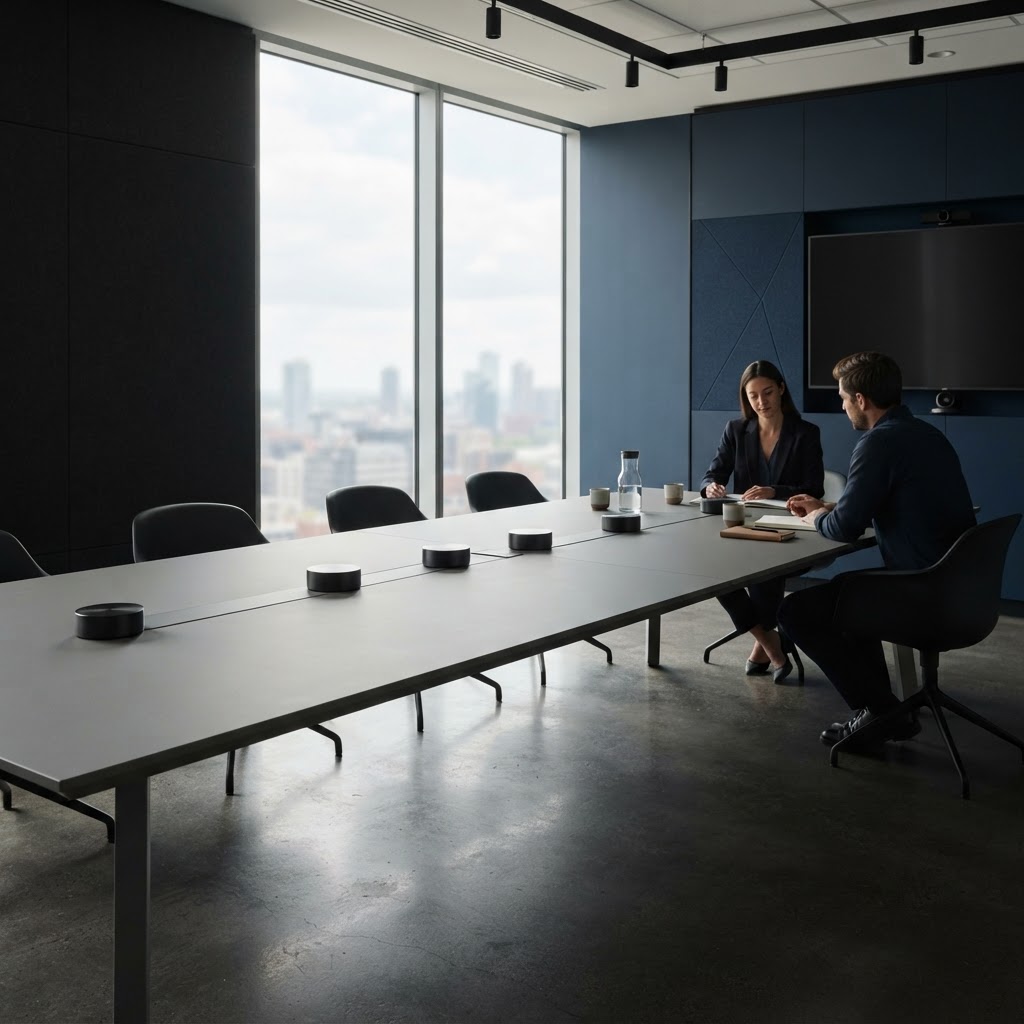 Minimalist strategy room with organized metallic paperweights