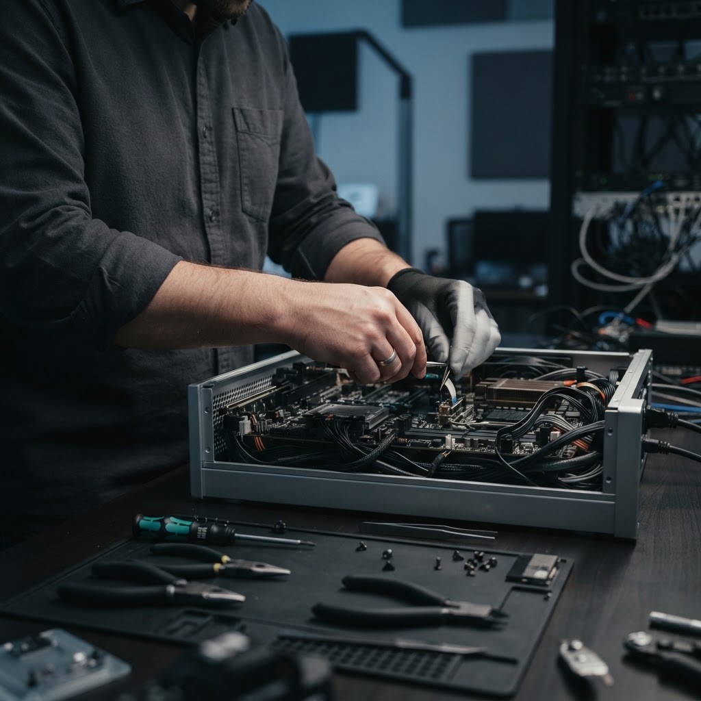 Technician working with computer hardware