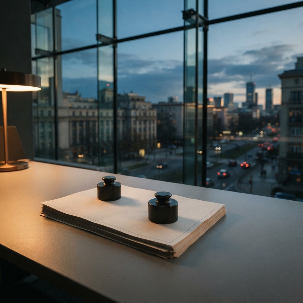 Quiet workspace with architectural view and metallic weights