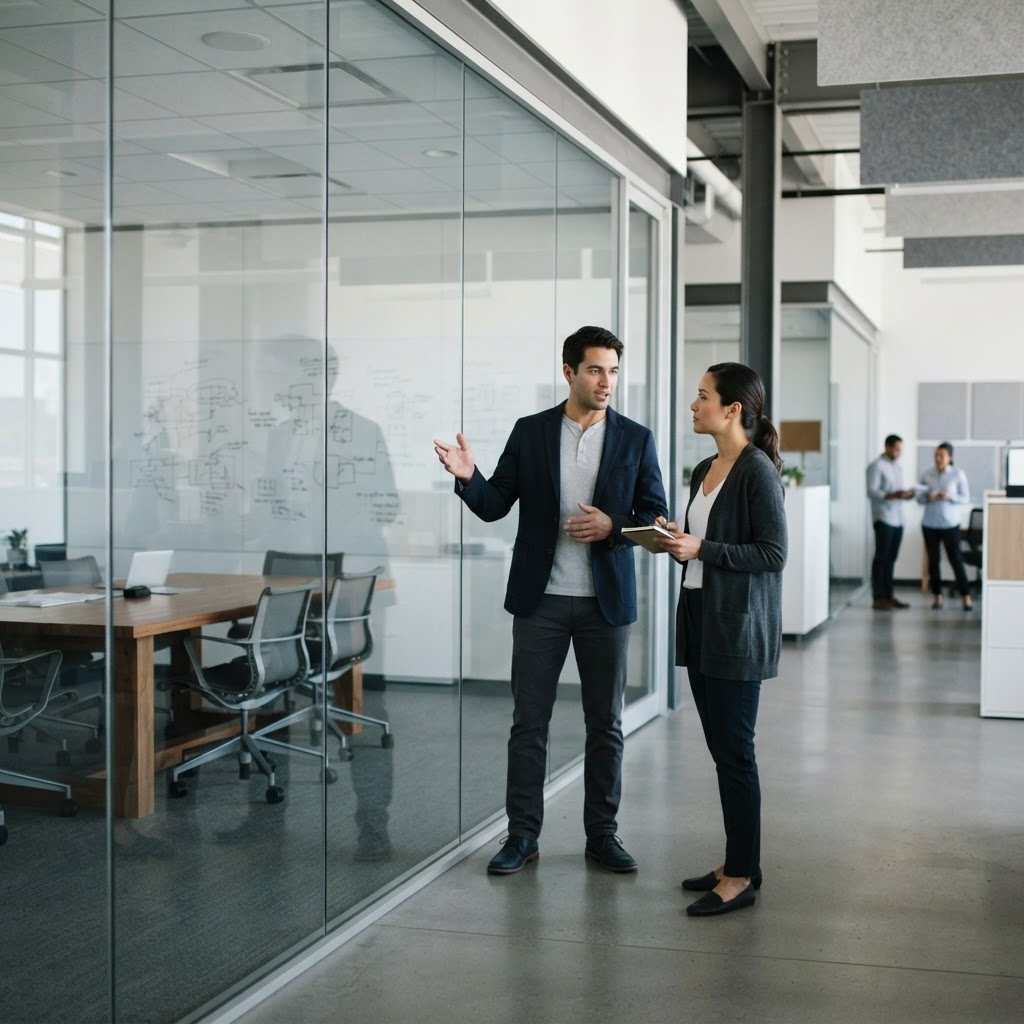 Engineers collaborating in a modern professional office space