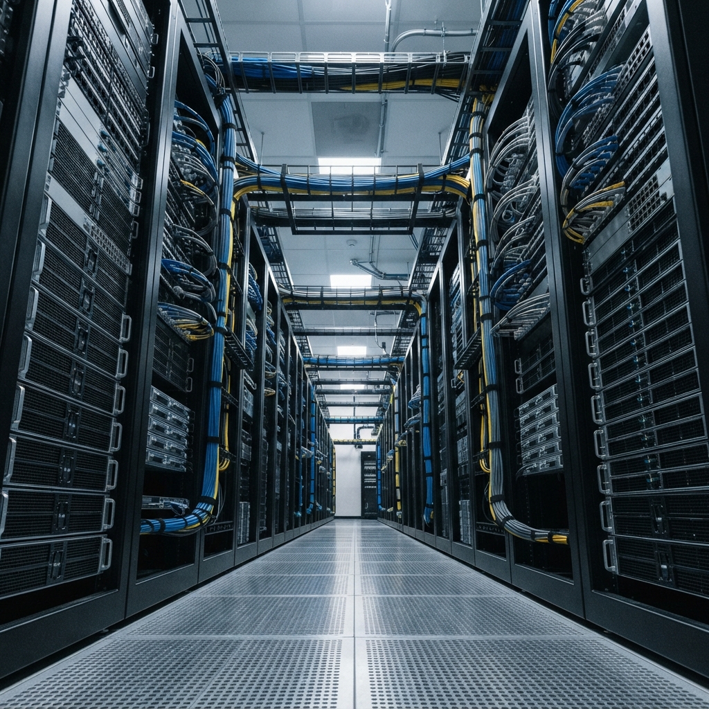 Organized rows of server equipment in a data facility