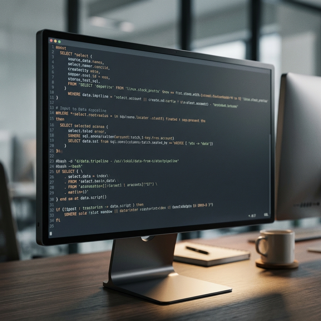 Terminal screen showing structured SQL and data pipeline code