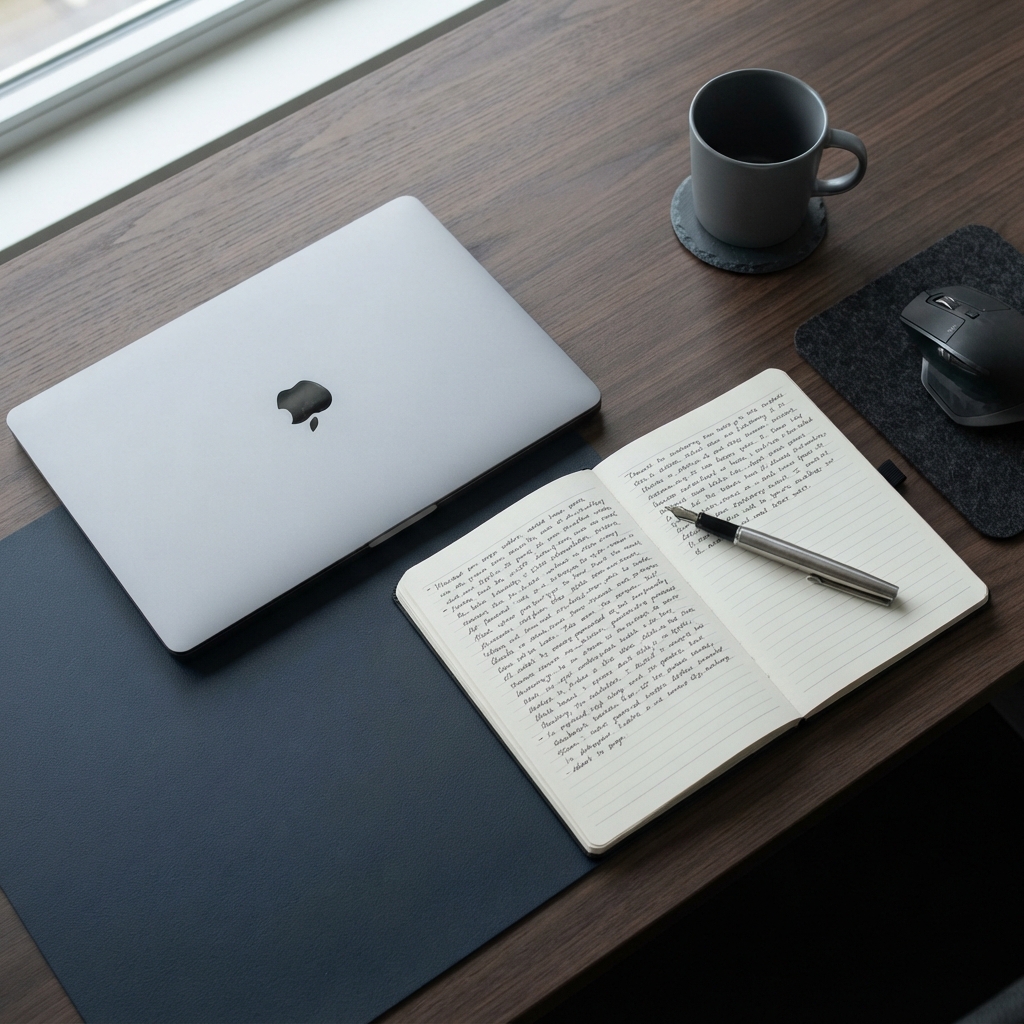 Clean professional workspace with notebooks and office supplies