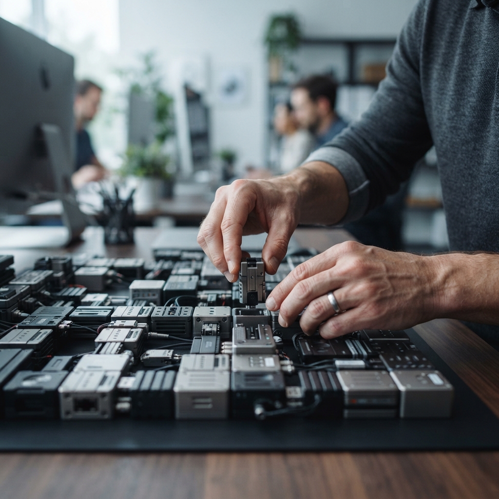 Developer arranging modular system components on a desk