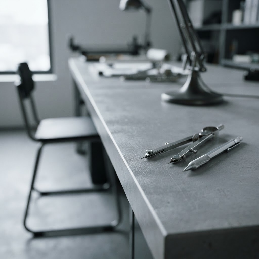 Close up of professional drafting tools on a minimalist desk