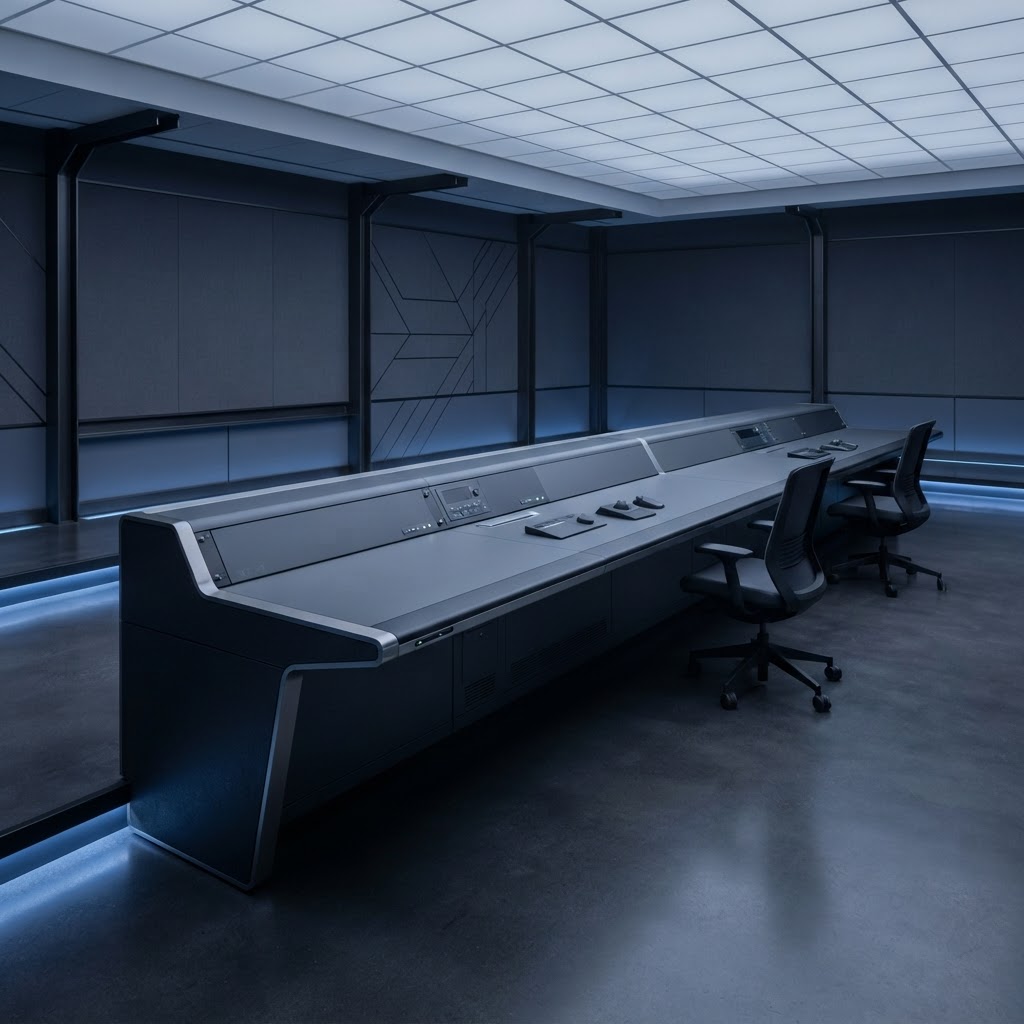 Minimalist control room console interior